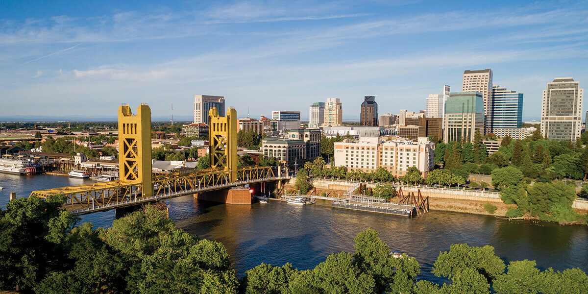 view of sacramento ca featuring the american river and yellow bridge